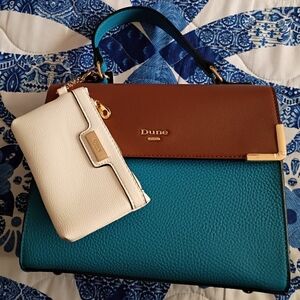 Dune London Teal, Brown and White Top-Handle Satchel with Pouch
